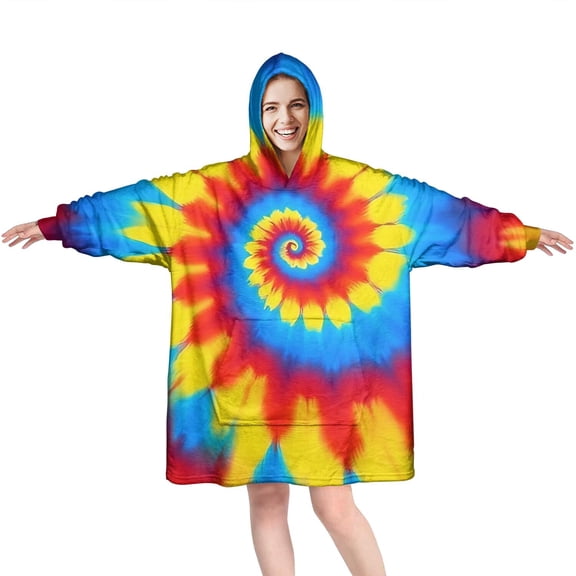 Colorful Tie Dye Mandala Pattern Wearable Oversized Blanket,Wearable Blanket Hoodie for Adults,Cozy Hooded Blankets with Super Pockets,Super Warm Fuzzy Pullover for Women & Men