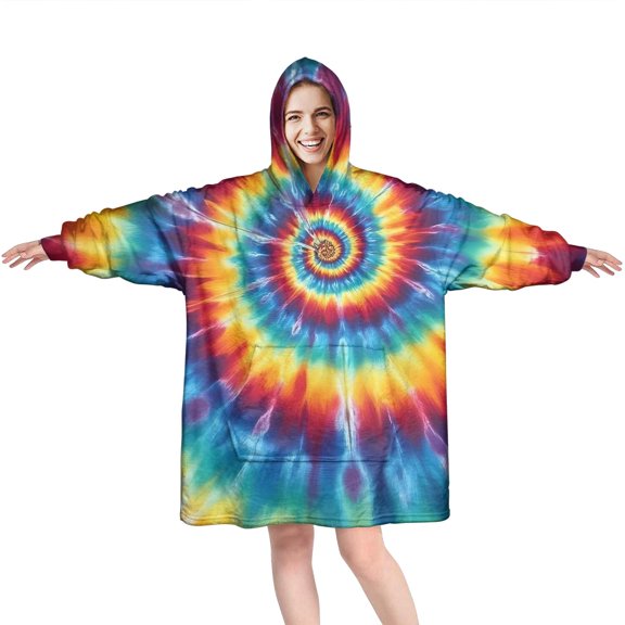 Colorful Tie Dye Mandala Pattern Wearable Oversized Blanket,Wearable Blanket Hoodie for Adults,Cozy Hooded Blankets with Super Pockets,Super Warm Fuzzy Pullover for Women & Men