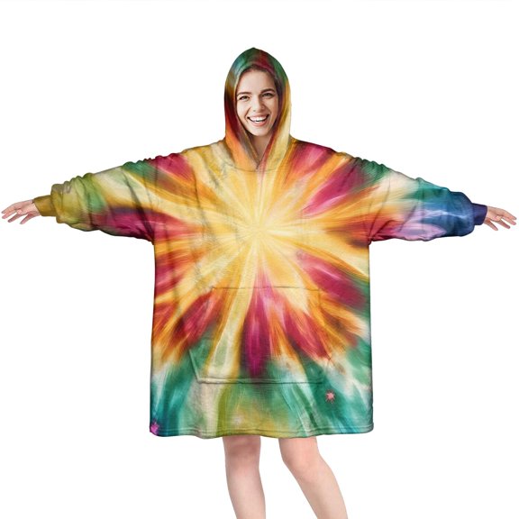 Colorful Tie Dye Mandala Pattern Wearable Oversized Blanket,Wearable Blanket Hoodie for Adults,Cozy Hooded Blankets with Super Pockets,Super Warm Fuzzy Pullover for Women & Men
