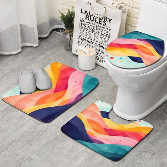 Colorful Tie Dye Mountain Pattern Bathroom Rugs Sets 3 Piece,Toilet Cover Set,Absorbent Non Slip Bathroom Mats Sets with U-Shaped Contour Rug Toilet Rug Set