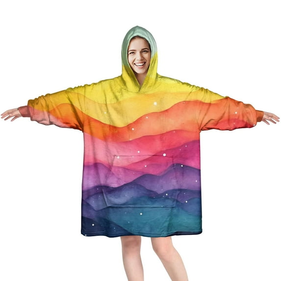 Colorful Tie Dye Mountain Pattern Wearable Oversized Blanket,Wearable Blanket Hoodie for Adults,Cozy Hooded Blankets with Super Pockets,Super Warm Fuzzy Pullover for Women & Men