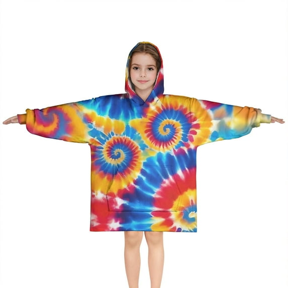 Colorful Tie Dye Multi Spiral Pattern Blanket Hoodies for Kids 6-13YR Oversize Wearable Blanket Hoodies for Boys Girls Teens