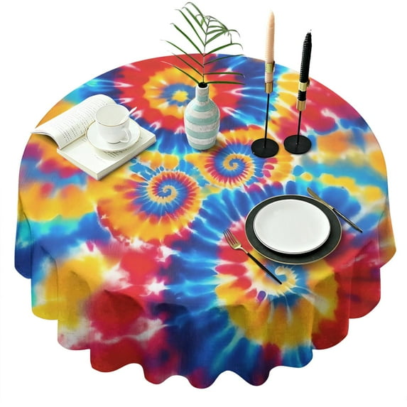 Colorful Tie Dye Multi Spiral Pattern Round Tablecloth 60"x60",Wrinkle Wipeable Table Cloth for Kitchen Dining Room Picnic Patio Party