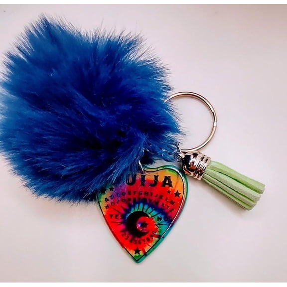 Colorful Tie Dye Ouija Keychain With Fur And Tassel charm
