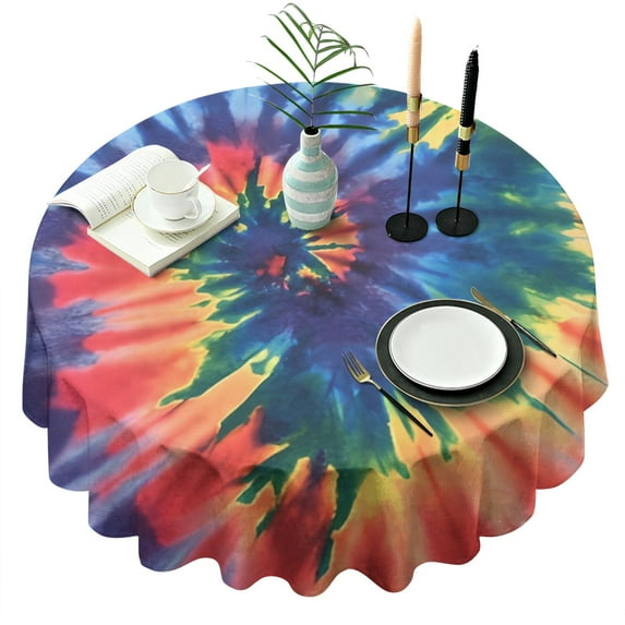 Colorful Tie Dye Pattern Round Tablecloth 60"x60",Wrinkle Wipeable Table Cloth for Kitchen Dining Room Picnic Patio Party