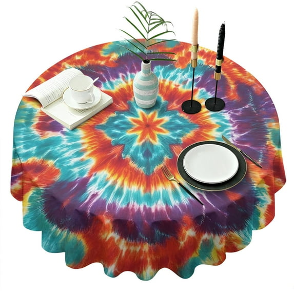 Colorful Tie Dye Pattern Round Tablecloth 60"x60",Wrinkle Wipeable Table Cloth for Kitchen Dining Room Picnic Patio Party