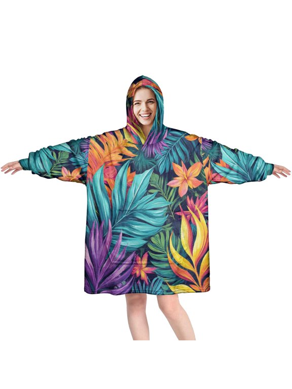 Colorful Tie Dye Pattern Wearable Blanket Hoodie, Flannel Oversized Lounge Wearable Throw with Hood & Kangaroo Pocket, Anti-pilling Gifts Ideas for Holiday Gifts