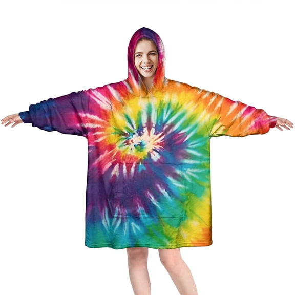 Colorful Tie Dye Pattern Wearable Oversized Blanket,Wearable Blanket Hoodie for Adults,Cozy Hooded Blankets with Super Pockets,Super Warm Fuzzy Pullover for Women & Men