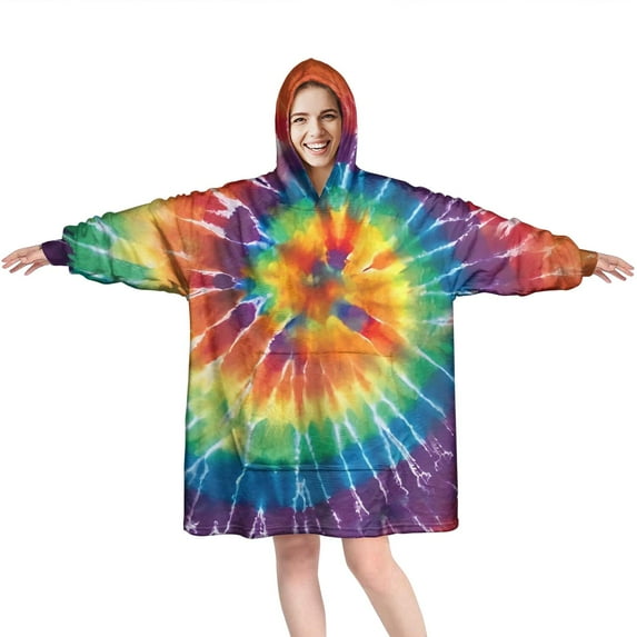 Colorful Tie Dye Pattern Wearable Oversized Blanket,Wearable Blanket Hoodie for Adults,Cozy Hooded Blankets with Super Pockets,Super Warm Fuzzy Pullover for Women & Men