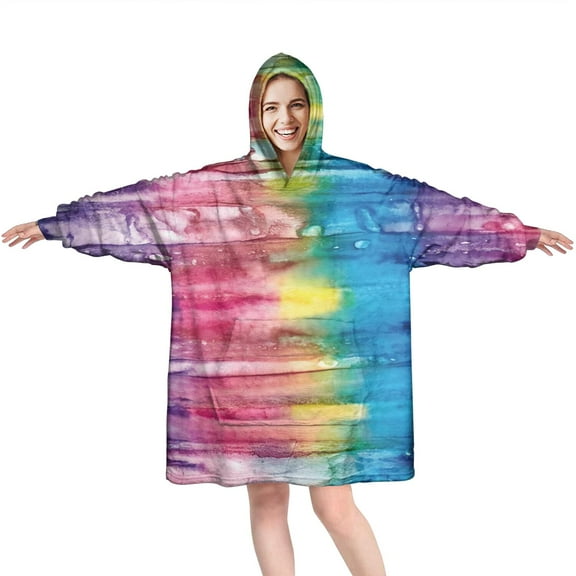 Colorful Tie Dye Pattern Wearable Oversized Blanket,Wearable Blanket Hoodie for Adults,Cozy Hooded Blankets with Super Pockets,Super Warm Fuzzy Pullover for Women & Men