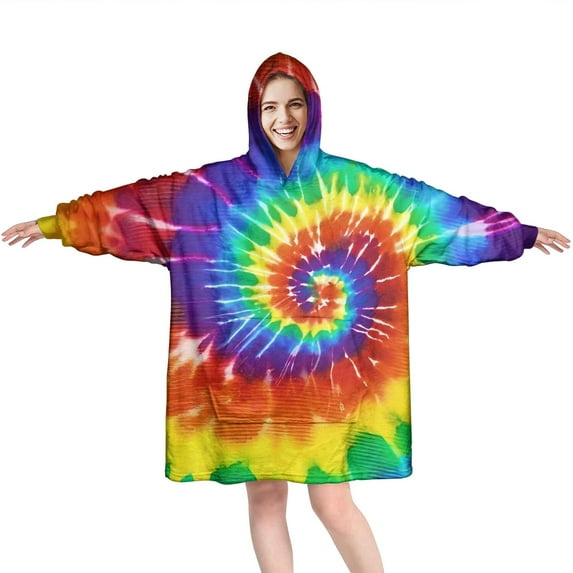 Colorful Tie Dye Pattern Wearable Oversized Blanket,Wearable Blanket Hoodie for Adults,Cozy Hooded Blankets with Super Pockets,Super Warm Fuzzy Pullover for Women & Men