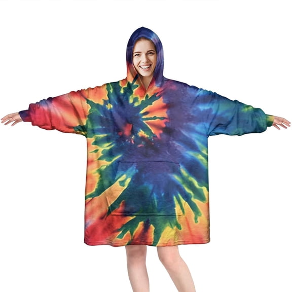 Colorful Tie Dye Pattern Wearable Oversized Blanket,Wearable Blanket Hoodie for Adults,Cozy Hooded Blankets with Super Pockets,Super Warm Fuzzy Pullover for Women & Men
