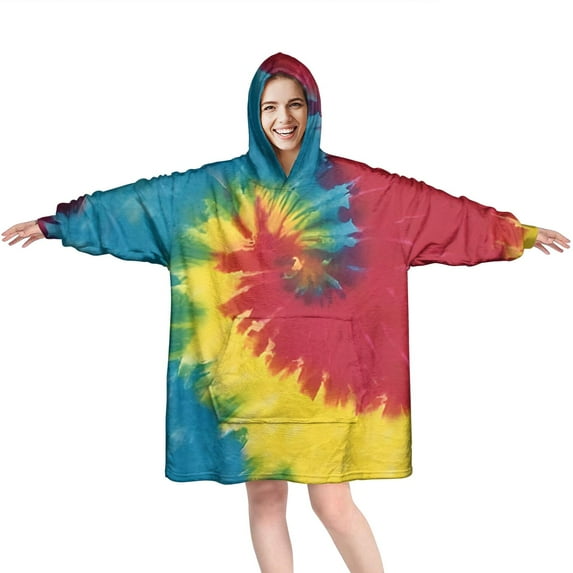 Colorful Tie Dye Pattern Wearable Oversized Blanket,Wearable Blanket Hoodie for Adults,Cozy Hooded Blankets with Super Pockets,Super Warm Fuzzy Pullover for Women & Men