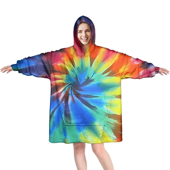 Colorful Tie Dye Pattern Wearable Oversized Blanket,Wearable Blanket Hoodie for Adults,Cozy Hooded Blankets with Super Pockets,Super Warm Fuzzy Pullover for Women & Men