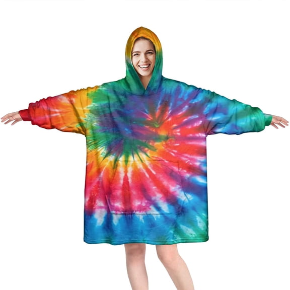 Colorful Tie Dye Pattern Wearable Oversized Blanket,Wearable Blanket Hoodie for Adults,Cozy Hooded Blankets with Super Pockets,Super Warm Fuzzy Pullover for Women & Men