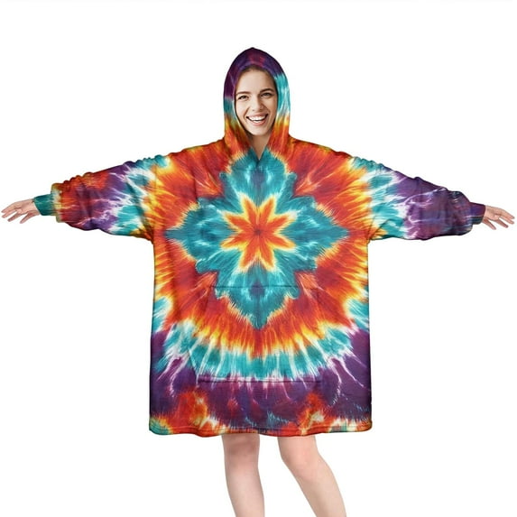 Colorful Tie Dye Pattern Wearable Oversized Blanket,Wearable Blanket Hoodie for Adults,Cozy Hooded Blankets with Super Pockets,Super Warm Fuzzy Pullover for Women & Men