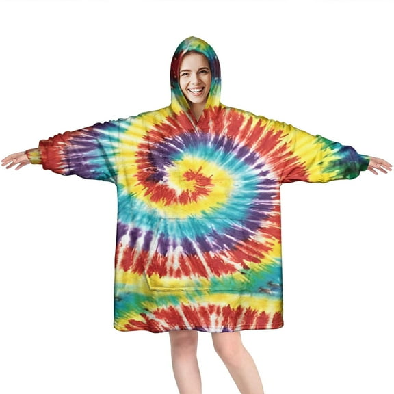 Colorful Tie Dye Pattern Wearable Oversized Blanket,Wearable Blanket Hoodie for Adults,Cozy Hooded Blankets with Super Pockets,Super Warm Fuzzy Pullover for Women & Men