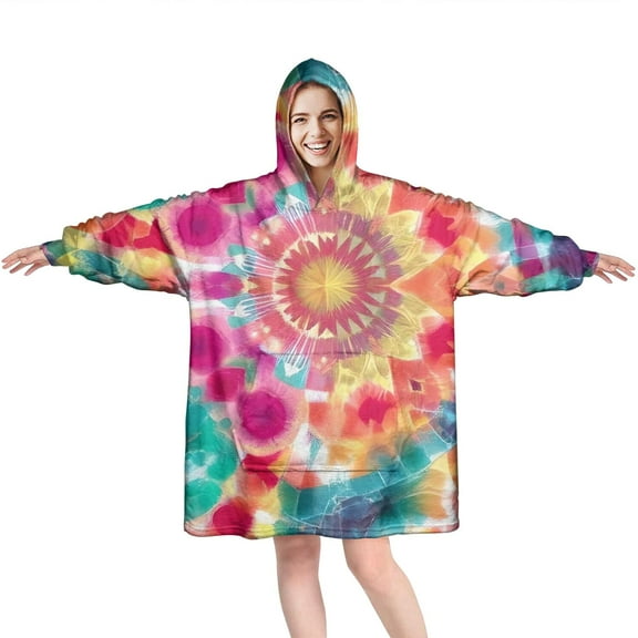 Colorful Tie Dye Pattern Wearable Oversized Blanket,Wearable Blanket Hoodie for Adults,Cozy Hooded Blankets with Super Pockets,Super Warm Fuzzy Pullover for Women & Men