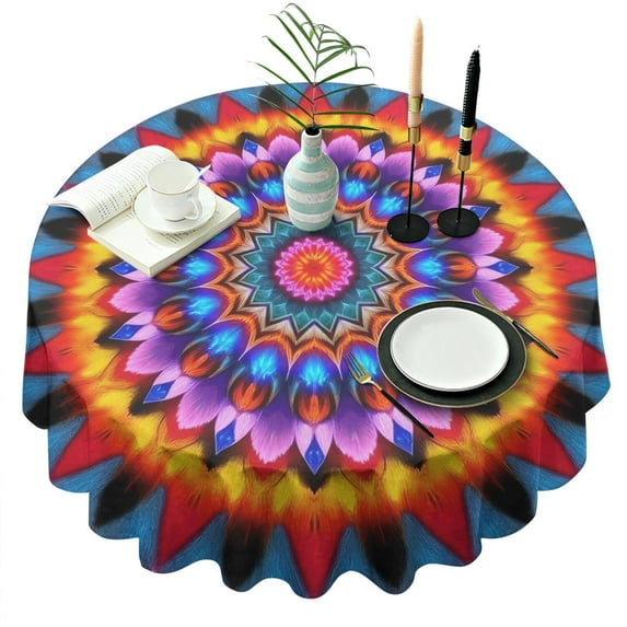 Colorful Tie Dye Peacock Mandala Pattern Round Tablecloth 60"x60",Wrinkle Wipeable Table Cloth for Kitchen Dining Room Picnic Patio Party