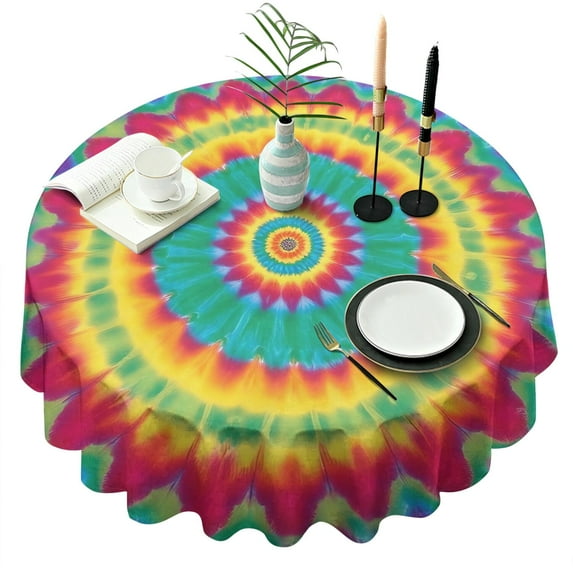 Colorful Tie Dye Petal Mandala Pattern Round Tablecloth 60"x60",Wrinkle Wipeable Table Cloth for Kitchen Dining Room Picnic Patio Party