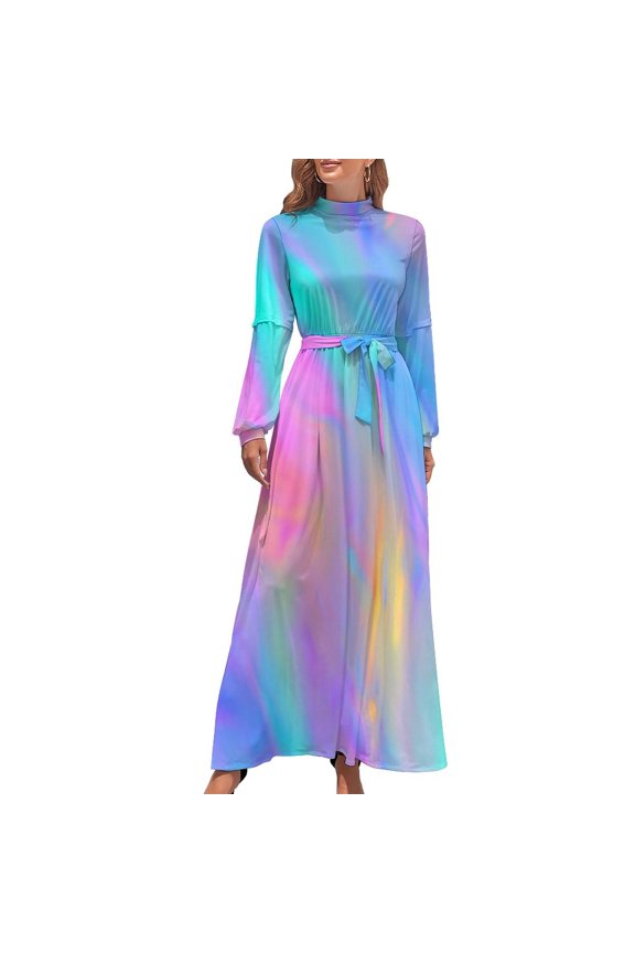Colorful Tie Dye Print Dress High Neck Graffiti Carnival Beach Dresses Long Sleeve Korean Fashion Long Maxi Dress Modern Clothes