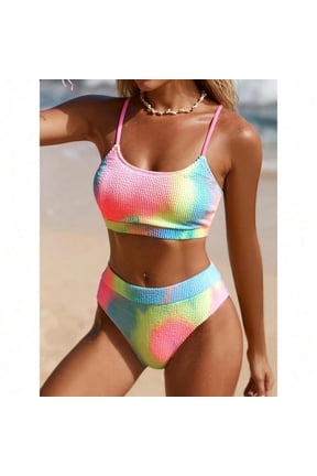 Colorful Tie-Dye Ribbed Bikini Set, Scoop Neck Tank Top & High Waist Bottom, Adjustable Straps with Removable Padding, Women's Summer Beachwear Swimsuit