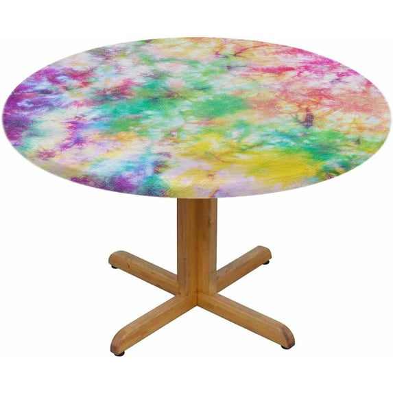 Colorful Tie Dye Round Table Cloth Abstract Swirl Spiral Elastic Edged Table Cover Fade And Stain Resistant Table Cloths Easy To Clean Fits Tables 40-44" Diameter