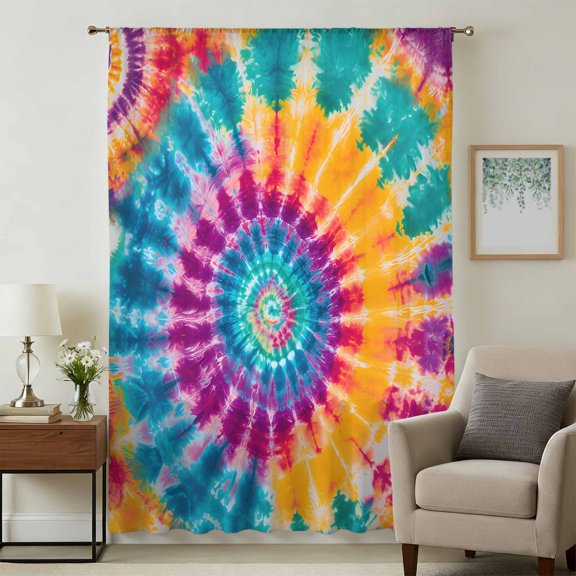 Colorful Tie-Dye Sheer Curtains 63 Inches Long, Ethnic Modern Abstract Watercolor Light Filering Curtains, Breathable Simi Curtain Privacy Drapes for Living Room Bedroom Lightweight Window Treatment