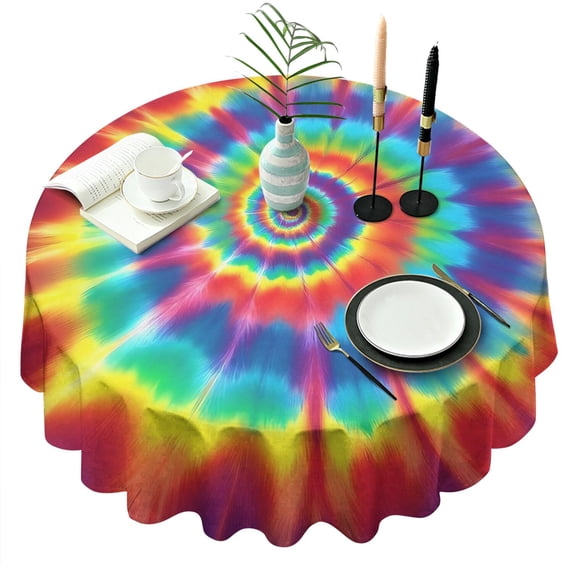 Colorful Tie Dye Star Mandala Pattern Round Tablecloth 60"x60",Wrinkle Wipeable Table Cloth for Kitchen Dining Room Picnic Patio Party
