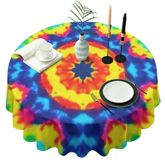 Colorful Tie Dye Star Pattern Round Tablecloth 60"x60",Wrinkle Wipeable Table Cloth for Kitchen Dining Room Picnic Patio Party