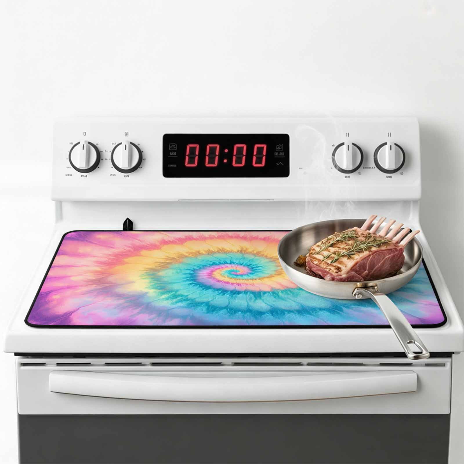 Colorful Tie Dye Stove Top Cover for Electric Stove, Heat-proof & Non Slip Glass Top Stove Cover Protector, Rainbow Ombre Abstract Pattern Art Kitchen Flat Cooktop Rubber Mat 24x21 Inches