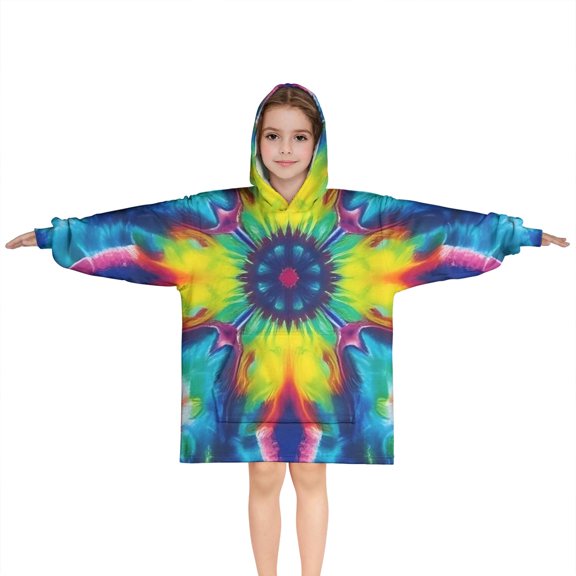 Colorful Tie Dye Symmetric Pattern Blanket Hoodies for Kids 6-13YR Oversize Wearable Blanket Hoodies for Boys Girls Teens