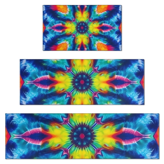 Colorful Tie Dye Symmetric Pattern Kitchen Rugs Sets Of 3,Kitchen Runner Rugs Non Skid Washable,Decorative Kitchen Floor Mats for Kitchen,Sink,Laundry,17"x30"+ 17"x47" + 17"x59"
