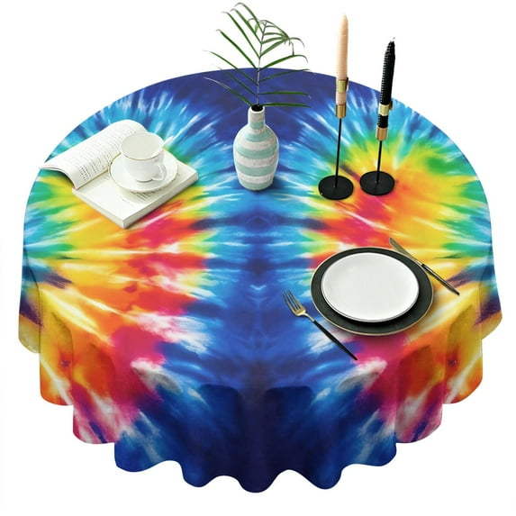 Colorful Tie Dye Symmetric Pattern Round Tablecloth 60"x60",Wrinkle Wipeable Table Cloth for Kitchen Dining Room Picnic Patio Party