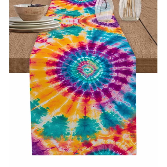 Colorful Tie-Dye Table Runner Cotton Linen 36 Inch Holiday Dresser Scarves, Ethnic Modern Abstract Watercolor Tablerunner for Kitchen Coffee Dining Bedroom Living Room Dinner Scarf Décor 13''x36''