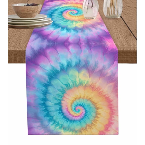 Colorful Tie Dye Table Runner Cotton Linen 48 Inch Holiday Dresser Scarves, Rainbow Ombre Abstract Pattern Art Tablerunner for Kitchen Coffee Dining Bedroom Living Room Dinner Scarf Décor 13''x48''