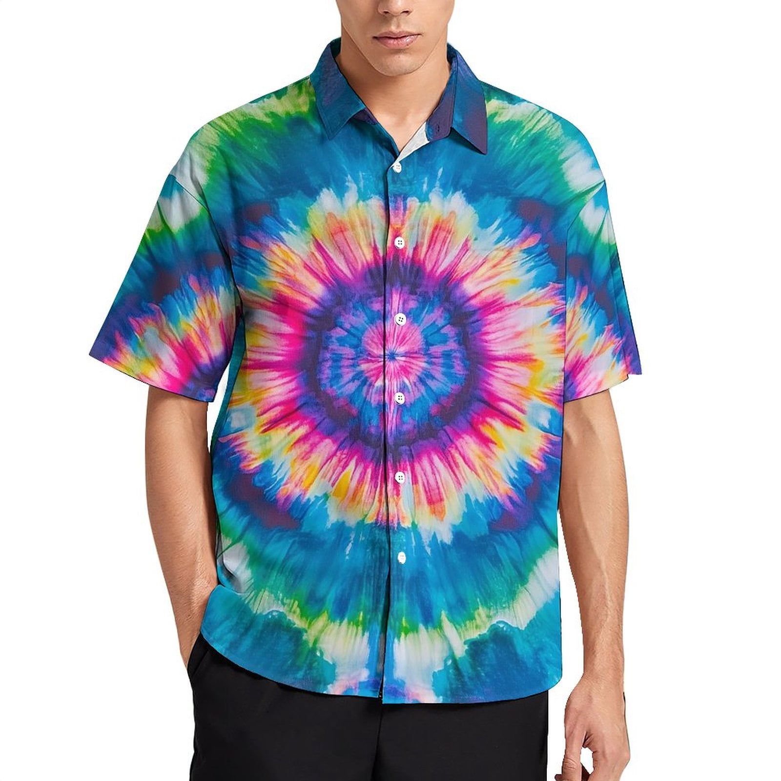 Liohans Trippy Tie Dye Vortex 3D Button-Up Shirt - Short Sleeve Casual Hawaiian Style For Men, Orange, 3XL