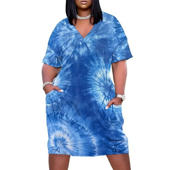 Colorful Tie Dye Vortex Summer Sundress for Curve Women Casual Pattern Plus Size V Neck Short Sleeve Loose Fit Oversize Dresses