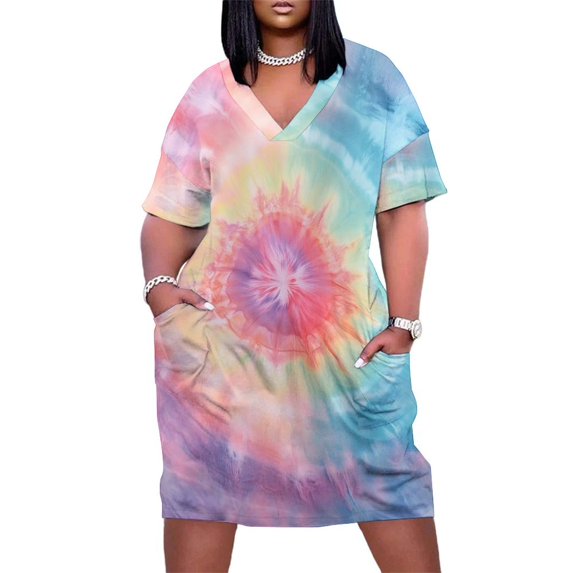 Colorful Tie Dye Vortex Women's Loose Short Sleeve Dress Casual Summer Plus Size Long Dresses with Pockets