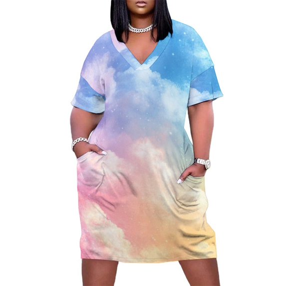 Colorful Tie Dye Vortex Women's Loose Short Sleeve Dress Casual Summer Plus Size Long Dresses with Pockets