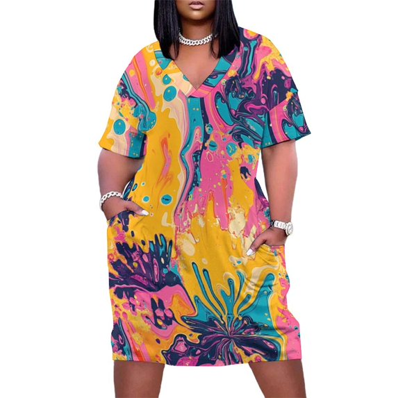 Colorful Tie Dye Vortex Women's Loose Short Sleeve Dress Casual Summer Plus Size Long Dresses with Pockets