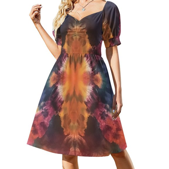 Colorful Tie Dye Vortex Women's Summer Short Sleeve Casual Dresses Floral Party Dress