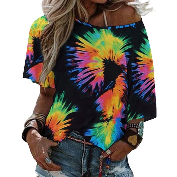 Colorful Tie Dye Vortex Womens Casual Crew Neck Short Sleeve Pleated Tops Blouses Fashion Clothes 2025
