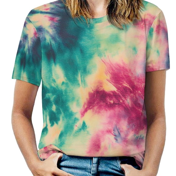Colorful Tie Dye Vortex Womens Casual Crew Neck Short Sleeve Pleated Tops Blouses Fashion Clothes 2025