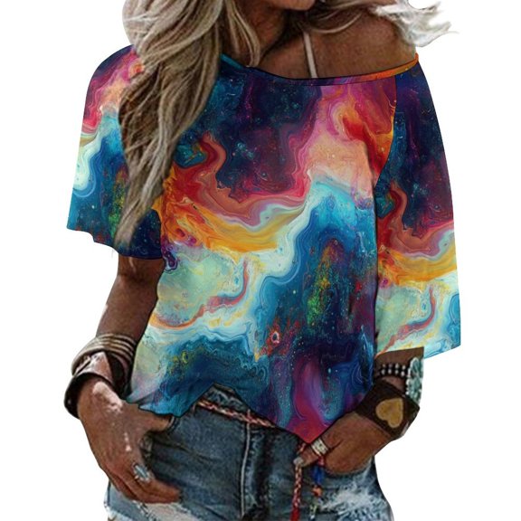 Colorful Tie Dye Vortex Womens Casual Crew Neck Short Sleeve Pleated Tops Blouses Fashion Clothes 2025