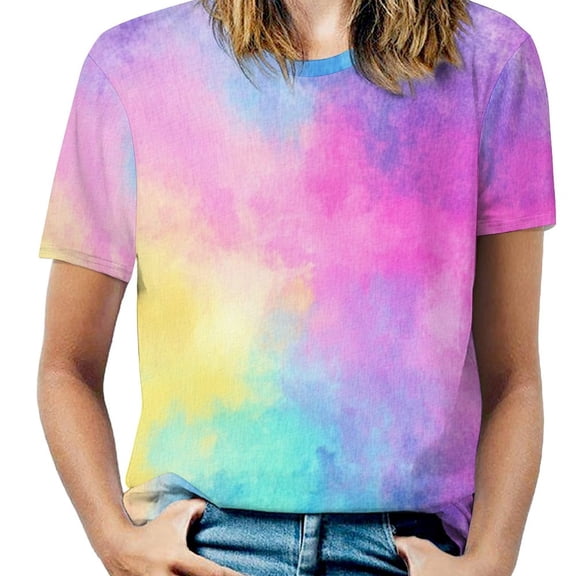 Colorful Tie Dye Vortex Womens Casual Crew Neck Short Sleeve Pleated Tops Blouses Fashion Clothes 2025