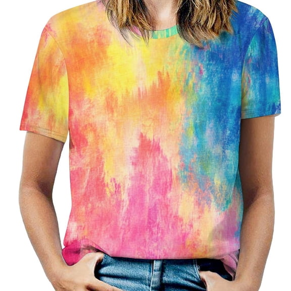 Colorful Tie Dye Vortex Womens Casual Crew Neck Short Sleeve Pleated Tops Blouses Fashion Clothes 2025