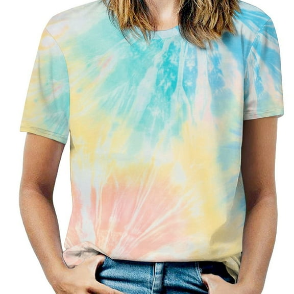Colorful Tie Dye Vortex Womens Casual Crew Neck Short Sleeve Pleated Tops Blouses Fashion Clothes 2025