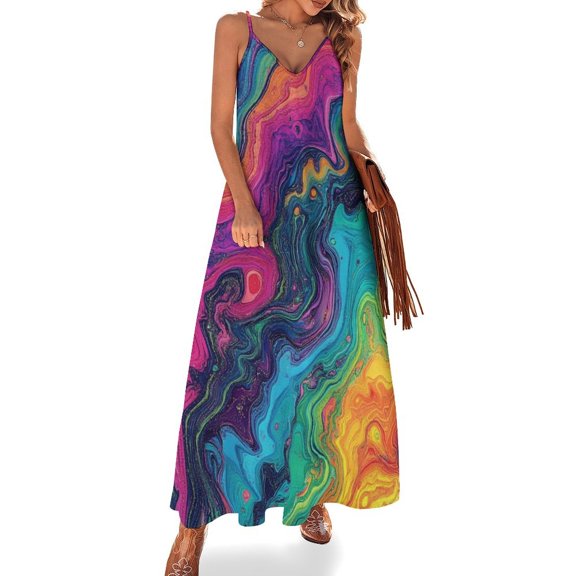 Colorful Tie Dye Vortex Womens Summer Dresses Casual Sleeveless Tshirt Sundresses Vacation Beach Cover Up Dress