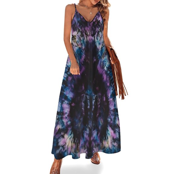 Colorful Tie Dye Vortex Womens Summer Dresses Casual Sleeveless Tshirt Sundresses Vacation Beach Cover Up Dress